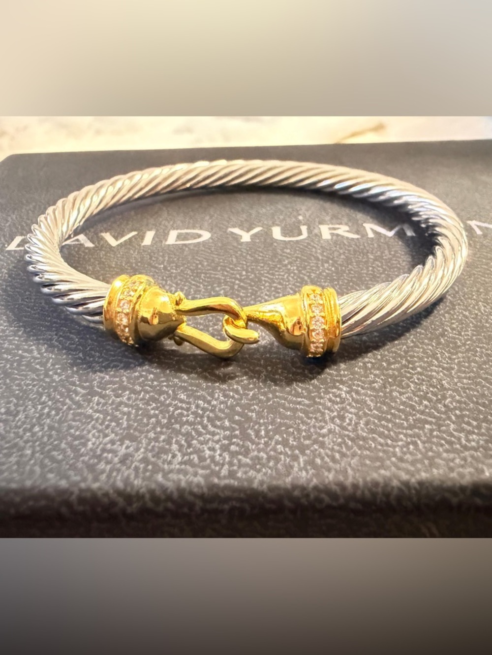 David Yurman Silver Cable Bracelet with Gold Clasp and Pavé. 5mm
